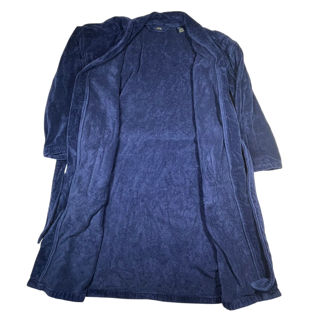 Polo Ralph Lauren Terry Cloth Belted Bathrobe Men's S/M Navy Blue Pony Logo - Picture 5 of 14